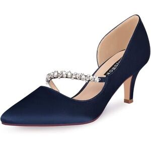 Erijunor Women's Elegant Navy Heels with Rhinestone Detail